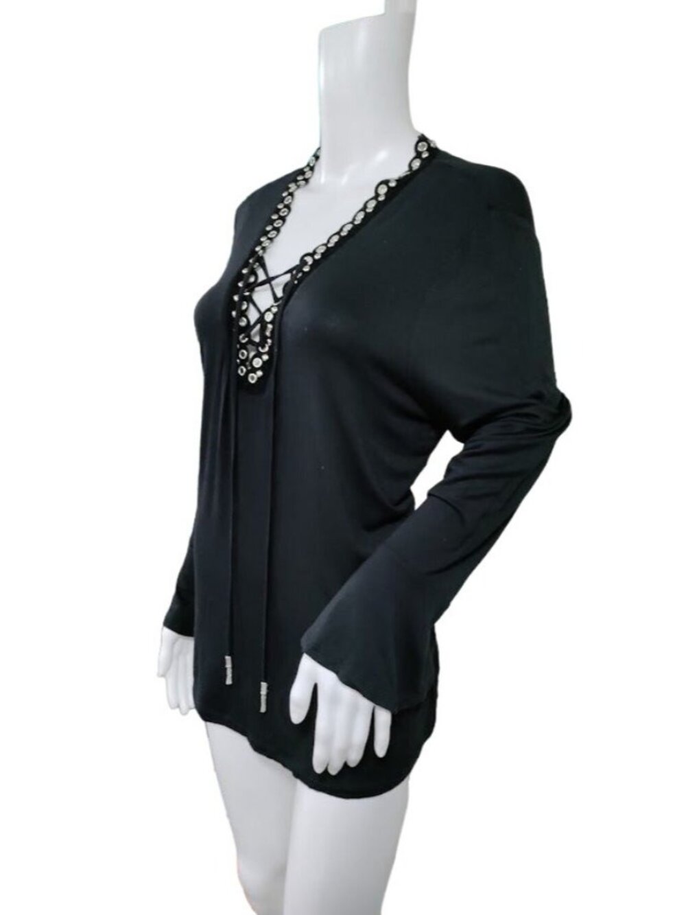 Michael Kors Bell Sleeve Black Lace Up Deep V Top Large - Picture 2 of 14
